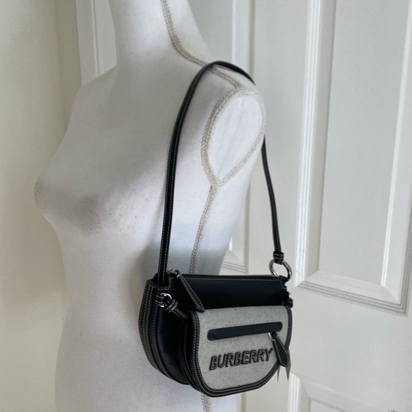 Burberry Mini Double Olympia Logo Appliqué Canvas & Black Leather Bag Dust Bag - Picture 12 of 16